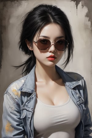 A Luis Royo inspired painting full body View of a young alluring asian woman with short stylised black hair, sunglasses, crushing against a muted background with splashing paints, hand under the chin. She wears a distressed, multi-colored jacket, a laced-up top, low-waist short denim, and high-heeled boots. The woman's intense gaze is directed towards the viewer.