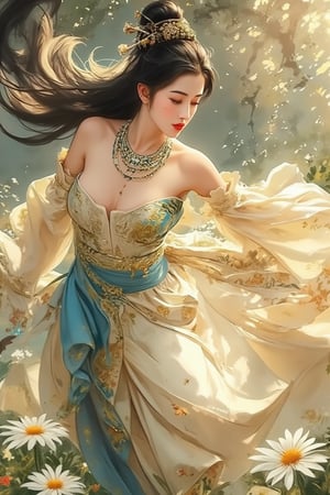 Traditional Chinese watercolor painting. Medium shot. A beautiful Chinese woman with long black hair adorned with ancient jewelleries, wearing halter top hanfu, dancing on a daisy garden near an old tree. Soft focus. Dreamy, ethereal art style reminiscent of Qi Baishi and Wu Guanzhong. Expressive, bold brushstrokes with visible texture. Soft, diffused lighting with warm, golden hues. Vibrant, complementary colors with deep blues and greens. Detailed, intricate patterns on ancient jewelleries and traditional clothing. Fantastical, whimsical atmosphere with subtle, splashed ink effects. Best quality, 8k resolution, trending on Artstation.