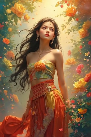 Detailed matte painting. A mixed styles of Klimt, Mucha and Ukiyo-e, full body View, A beautiful Cambodian girl in a colorful  traditional tube tank and sarong with traditional khmer patterns, long hair adorned with jewelleries, looks up at the rainbow sky with Jasmin rain falling on her backhand. Vibrant fantasy concept art style with intricate detail and complementary colors, reminiscent of Asian watercolor paintings and classic Chinese art. Soft, gentle petals and delicate fabric folds. Warm, golden lighting with subtle lens flare. Deep color palette with pastel hues and soft gradients. 8k resolution, trending on Artstation, Unreal Engine 5, best quality, a masterpiece, fantasy illustration, splash screen, colorful, beautiful, detailed.