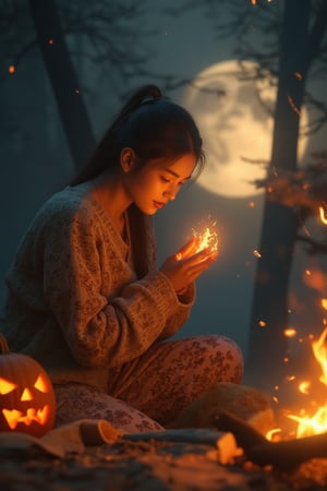 Fantasy concept art. Medium shot. Sweet asian female warming herself by the campfire with jack-o-lantern and pumpkins. Low-angle shot. Vibrant, cinematic, detailed matte painting. Soft, golden firelight dancing across her face. Warm, comforting glow of the campfire on her hands. Bright, full moon shining down through the trees, casting dappled shadows. Perfect, high-contrast, 8K resolution, crystal clear, sensual and attractive. Masterpiece of photography, trending on Artstation, Unreal Engine 5. Complementary colors, deep, rich tones. Intricate, fantastical detail. Sensual, attractive, warm, comforting, cinematic, fantastical.