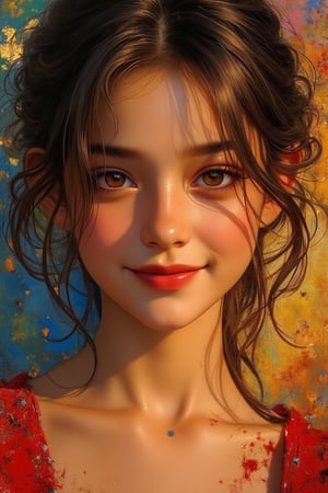 Expressive oil painting. Medium shot. A young girl with brown eyes and dark hair smiles warmly against an abstract colorful background. Impressionist style with textured brushstrokes and vivid color blending. Soft, golden light dances across her skin, illuminating her gentle features. Deep, rich colors and high contrast evoke a sense of warmth and comfort. Bold composition and intricate detail bring depth to the piece. Inspired by Gustav Klimt's Art Nouveau style and the vibrant colors of abstract expressionism. Warm color palette with golden hour lighting. Complementary colors enhance the emotive quality of the painting. 8k resolution, detailed matte painting, fantasy concept art, trending on Artstation, Unreal Engine 5, intricate detail, splash screen, fantastical.