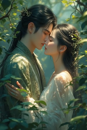 Washed watercolour Painting. Close-up portrait. Young Chinese lovers embracing in a lush green forest. Low-angle shot. Fantasy concept art style with intricate details. Soft, warm light filtering through leaves. Gentle mist rolling over the forest floor. Deep blues and greens contrasting with warm golden tones. Masterpiece quality, 8k resolution, Artstation trending, Unreal Engine 5, detailed matte painting, deep color, fantastical, intricate detail, complementary colors, blended figures, serene atmosphere.