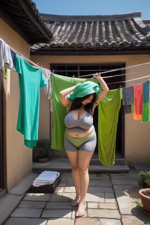 Abstract acrylic and ink, splash, smudged, impressionist brushstrokes, dynamic view of a beautiful  Chinese woman, wearing gray bellyband and green loincloth, is drying laundry and mini underwears on the drying line in a courtyard.