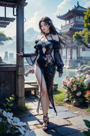 epic, intricate details, ultra realistic, Masterpiece, highest quality, ultra-detailed, 16K, high contrast, HDR, vibrant color, photorealistic:1.2, beautiful and aesthetic, ethereal, 1girl, Asian, full body, cinematic lighting, tall and slim body,  wearing beachwear , flowering hair, looking at the viewer, elegant, scenic, landscape, iconic, medieval ancient streets, forest.