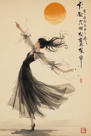 traditional Chinese ink painting, splash, smudge, thick character line, wild and chaotic brush strokes, neglected brush strokes, a beautiful chinese girl, The sea breeze blows away the long hair
Sunset kisses the shoulder
Tulle skirt billowing
Dreamlike solo dance.