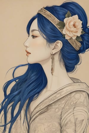 🌵🎈🌵

an abstract gestural silver and gold ink sketch of a woman in profile. The background is mostly dark blue and textured, and the woman's skin is rendered in light peach tones, suggesting a light source illuminating her from the left. She wears a blue headdress and what appears to be a shawl or top with floral patterns. Dreamlike imagery atmosphere, minimalist
