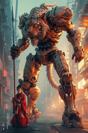 Ink painting with subtle watercolor texture. Medium shot. A massive tiger mecha robot stands in a dystopian cityscape next to a girl wearing traditional Chinese warrior costume, holding a spear. Low-angle shot. Inspired by classical Chinese art and futuristic sci-fi. Soft brushstrokes, ink bleeding, and subtle texture. Neon lights reflecting off metallic surfaces, warm golden hour glow, deep blues and purples in the shadows. Detailed, intricate, and realistic, with a sense of atmosphere and depth. 8k resolution, Artstation-worthy, Unreal Engine 5 quality. Trending fantasy concept art, splash screen, cinematic, fantastical, deep color, matte painting.