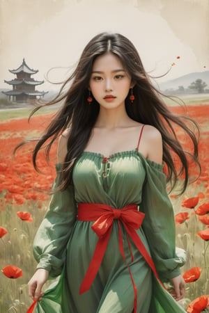 A beautiful Chinese girl with long hair with green ribbon, wearing a red hafu with a yellow veil walking on the path in the poppies field, her skirt waving in the wind, minimalist pencil strokes, splashes of ink on crumpled old paper.