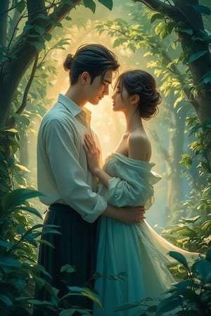 Washed watercolour Painting. Close-up portrait. Young Chinese lovers embracing in a lush green forest. Low-angle shot. Fantasy concept art style with intricate details. Soft, warm light filtering through leaves. Gentle mist rolling over the forest floor. Deep blues and greens contrasting with warm golden tones. Masterpiece quality, 8k resolution, Artstation trending, Unreal Engine 5, detailed matte painting, deep color, fantastical, intricate detail, complementary colors, blended figures, serene atmosphere.