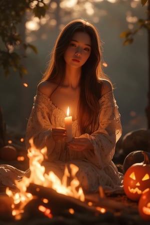 Fantasy concept art. Medium shot. Sweet asian female warming herself by the campfire with jack-o-lantern and pumpkins. Low-angle shot. Vibrant, cinematic, detailed matte painting. Soft, golden firelight dancing across her face. Warm, comforting glow of the campfire on her hands. Bright, full moon shining down through the trees, casting dappled shadows. Perfect, high-contrast, 8K resolution, crystal clear, sensual and attractive. Masterpiece of photography, trending on Artstation, Unreal Engine 5. Complementary colors, deep, rich tones. Intricate, fantastical detail. Sensual, attractive, warm, comforting, cinematic, fantastical.