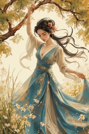 Traditional Chinese watercolor painting. Medium shot. A beautiful Chinese woman with long black hair adorned with ancient jewelleries, wearing tube tank hanfu, dancing on a daisy garden near an old tree. Soft focus. Dreamy, ethereal art style reminiscent of Qi Baishi and Wu Guanzhong. Expressive, bold brushstrokes with visible texture. Soft, diffused lighting with warm, golden hues. Vibrant, complementary colors with deep blues and greens. Detailed, intricate patterns on ancient jewelleries and traditional clothing. Fantastical, whimsical atmosphere with subtle, splashed ink effects. Best quality, 8k resolution, trending on Artstation.