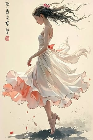 traditional Chinese ink painting, splash, smudge, thick character line, wild and chaotic brush strokes, neglected brush strokes, a beautiful girl, The sea breeze blows away the long hair
 Sunset kisses the shoulder
 tulle skirt billowing
 Dreamlike solo dance.