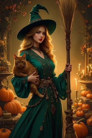 Oil painting. Medium shot. A beautiful female witch holding a broom and cat, surrounded by pumpkins and candles, in a cozy wizard's shop. Warm light. Whimsical brushstrokes of László Beszédes. Soft, golden tones and rich textures of Jean-Baptiste Monge's art style. Vibrant colors and intricate details of fantasy concept art. Complementary colors of emerald green and amber. Deep, mystical atmosphere with a hint of magic realism. 8k resolution, detailed matte painting, trending on Artstation. Unreal Engine 5 quality. Granny Weatherwax inspiration. Storybook illustration style. Fantastic and intricate.