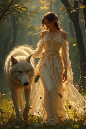 Fantasy concept art. Medium shot. A woman in a flowing white dress walks a drgon-like creature in a lush forest. Low-angle shot. Vibrant oil painting with triadic colors. Golden accents on the wolf's fur shimmer in the light. Delicate, swirling patterns adorn the woman's dress. Soft, ethereal glow emanates from the forest floor. Warm, golden lighting with deep shadows. Best quality, 8k resolution, highly detailed, intricate, trending on Artstation, Unreal Engine 5, digital artwork, matte painting, fantastical, complementary colors, deep color, Kentetsu style, Japanese aesthetic, fantasy woman, femme fatale, wolf girl, fox lady, golden dragon.