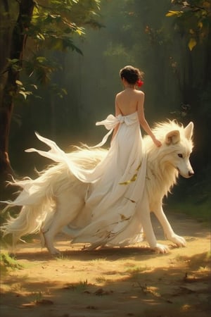 Fantasy concept art. Medium shot. A woman in a flowing white dress walks a drgon-like creature in a lush forest. Low-angle shot. Vibrant oil painting with triadic colors. Golden accents on the wolf's fur shimmer in the light. Delicate, swirling patterns adorn the woman's dress. Soft, ethereal glow emanates from the forest floor. Warm, golden lighting with deep shadows. Best quality, 8k resolution, highly detailed, intricate, trending on Artstation, Unreal Engine 5, digital artwork, matte painting, fantastical, complementary colors, deep color, Kentetsu style, Japanese aesthetic, fantasy woman, femme fatale, wolf girl, fox lady, golden dragon.