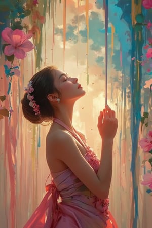 Detailed matte painting. A mixed styles of Klimt, Mucha and Ukiyo-e, full body View, A beautiful girl in a colorful hanfu halter top looks up at the rainbow sky with sakura rain falling on her fingertips. Close up. Vibrant fantasy concept art style with intricate detail and complementary colors, reminiscent of Asian watercolor paintings and classic Chinese art. Soft, gentle petals and delicate fabric folds. Warm, golden lighting with subtle lens flare. Deep color palette with pastel hues and soft gradients. 8k resolution, trending on Artstation, Unreal Engine 5, best quality, a masterpiece, fantasy illustration, splash screen, colorful, beautiful, detailed.