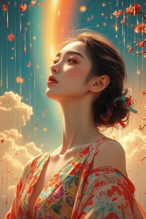 Detailed matte painting. A mixed styles of Klimt, Mucha and Ukiyo-e, full body View, A beautiful girl in a colorful hanfu halter top looks up at the rainbow sky with sakura rain falling on her fingertips. Close up. Vibrant fantasy concept art style with intricate detail and complementary colors, reminiscent of Asian watercolor paintings and classic Chinese art. Soft, gentle petals and delicate fabric folds. Warm, golden lighting with subtle lens flare. Deep color palette with pastel hues and soft gradients. 8k resolution, trending on Artstation, Unreal Engine 5, best quality, a masterpiece, fantasy illustration, splash screen, colorful, beautiful, detailed.