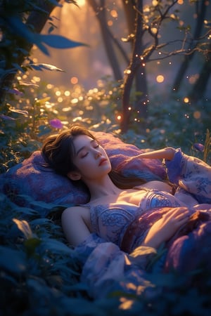 Fantasy concept art. Medium shot. A serene Asian girl sleeps in a tranquil forest, surrounded by vibrant foliage. Warm sunlight filters through the leaves. Dreamy, ethereal atmosphere with soft, feathery textures. Gentle, glowing mushrooms and fireflies dance around her. Deep blues and purples contrast with warm golden light. Detailed, intricate patterns on her traditional clothing. Soft focus, shallow depth of field. Best quality, 8k resolution, Unreal Engine 5 style. Trending on Artstation. Matte painting. Deep color. Complementary colors. Fantasy landscape. Serene atmosphere.