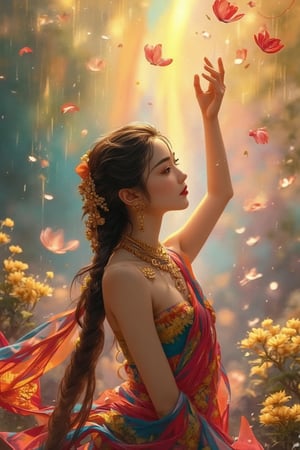 Detailed matte painting. A mixed styles of Klimt, Mucha and Ukiyo-e, full body View, A beautiful Cambodian girl in a colorful  traditional tube tank and sarong with traditional khmer patterns, long hair adorned with jewelleries, looks up at the rainbow sky with Jasmin rain falling on her backhand. Vibrant fantasy concept art style with intricate detail and complementary colors, reminiscent of Asian watercolor paintings and classic Chinese art. Soft, gentle petals and delicate fabric folds. Warm, golden lighting with subtle lens flare. Deep color palette with pastel hues and soft gradients. 8k resolution, trending on Artstation, Unreal Engine 5, best quality, a masterpiece, fantasy illustration, splash screen, colorful, beautiful, detailed.