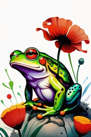 traditional Chinese abstract colours ink painting, character line effect, colours ink, thick ink splash lines, pen tip splash effect, ink smudge effect, casual, neglected and wild painting style, a whimsical image of a chupi frog standing next to a giant-sized poppie flower.