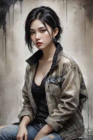 A Luis Royo inspired painting of a young alluring asian woman with short stylised black hair, headphone, squatting against a muted background with splashing paints, hand under the chin. She wears a distressed, multi-colored jacket, a laced-up top, low-waist short denim, and high-heeled boots. The woman's intense gaze is directed towards the viewer.
