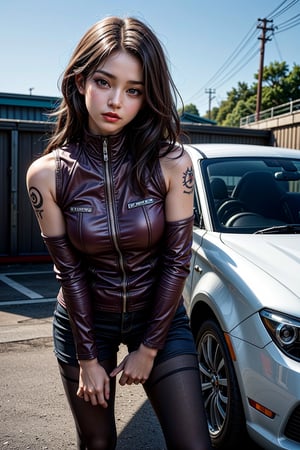 Speedster Chic, Driving Elegance, Black Stockings, Purple-eyed Racer, Tattooed Rebel, Fast and Fashionable, Edgy Glamour, Speed Demon, Sporty Sophistication, Car Enthusiast, Urban Racer, Adventurous Spirit, Stylish Speed, Bold Confidence, Dynamic 