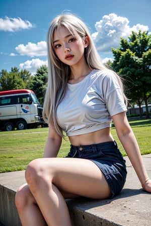 1girl, long hair, White hair, red eyes, jitome, flat chest, sitting, on park, day, blue Sky, clouds, black shorts, White shirt, long legwears, camera