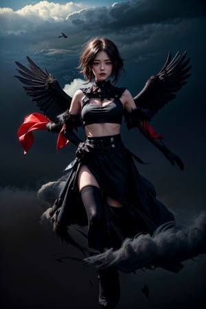 (((masterpiece))),best quality, extremely detailed CG unity 8k, illustration, contour deepening beautiful detailed glow,(beautiful detailed eyes), (1 girl:1.1), ((Bana)), large top sleeves, Floating black ashes, Beautiful and detailed black, red moon, ((The black clouds)), (black Wings) , a black cloudy sky, burning, black dress, (beautiful detailed eyes), black expressionless, beautiful detailed white gloves, (crow), bat, (floating black cloud:1.5),white and black hair, disheveled hair, long bangs, hairs between eyes, black knee-highs, black ribbon, white bowties, midriff,{{{half closed eyes}}},((Black fog)), Red eyes, (black smoke), complex pattern, ((Black feathers floating in the air)), (((arms behind back)))