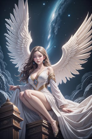 8k, Fluffy White Angel male perched upon golden bejeweled tower in a heavenly utopian city, huge feathery angel wings, glowing nebula eyes, white flowing clouds, ivory armor with diamond gem inlay, trending on artstation, sharp focus, studio photo, intricate details, highly detailed, by tim burton