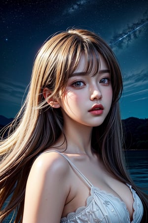 masterpiece, best quality, illustration, stars in the eyes,dishevelled hair,Starry sky adorns hair,1 girl,sparkling anime eyes,beautiful detailed eyes, beautiful detailed stars,blighting stars,emerging dark purple across with white hair,multicolored hair,beautiful detailed eyes,beautiful detailed sky, beautiful detailed water, cinematic lighting, dramatic angle,