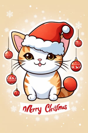 chibi, perfect-composition, Perfect pictorial composition, Christmas theme, Hand-drawn simple illustration of a cute anime cat with a Christmas hat on, vector, full frame, out-zoom, Generate a banner with the text “Merry Christmas”,text logo,Text