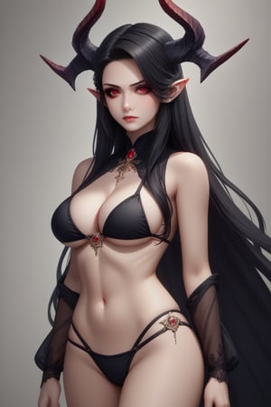 A woman with long, black hair and striking, red eyes wears a black bikini adorned with intricate, black designs. Her hair flows freely around her shoulders and back, contrasting with her bikini. She is depicted with pointed ears and horns, adding an element of fantasy to her appearance. The background is a rich, dark blue, creating a dramatic backdrop for her.