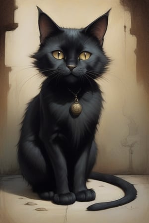 ['painting of a black cat with a long tail and a black nose, by Craig Davison, by Alexander Jansson, alexey egorov, by Ben Templesmith, style of dave mckean, alejandro burdisio art, by Yerkaland, tony sandoval. realistic, by Jean-Baptiste Monge, anthropomorphic large maine coon, illustration of a cat']