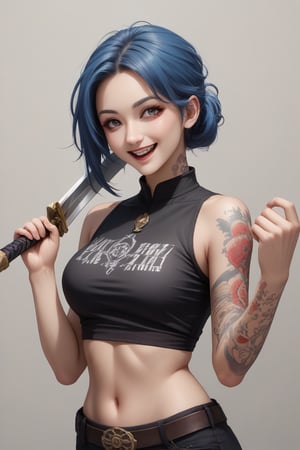 A woman with blue hair and tattoos is standing confidently, holding a sword in each hand. She's wearing a black crop top with a graphic print. Her expression is joyful, with a playful smile on her face. The background is dark with a hint of red and grey tones, creating a dramatic atmosphere.