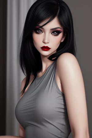 A woman with long, glossy black hair gazes directly at the camera. Her makeup is dramatic, featuring long eyelashes and bold red lipstick. She wears a sleeveless gray top that drapes off her shoulders. Her expression is neutral.