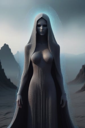 A massive, ethereal figure towering above a desolate landscape. Her form is composed entirely of countless voxels, tiny cubes of digital information that pulse and glow with an eerie, otherworldly light. She is depicted as the Voxel Goddess of Death, clad in flowing robes of shifting hues, ranging from deepest black to faintest grey, each emanating an aura of cold detachment and inescapable finality. Her face is hidden beneath a veil of ghostly pixels, obscuring her features but adding to the sense of anonymity and universality that she embodies.
