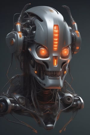 A monstrous robot head dominates the image, its gray metal exterior gleaming with a subtle sheen. The robot's face is a complex arrangement of mechanical parts and wires, with multiple sensors and antennae protruding from its skull. A large, pointed horn rises from the top of its head, adding to its menacing appearance. The robot's eyes are glowing orange, and its mouth is open, revealing sharp teeth that hint at a predatory nature. Despite its robotic appearance, the robot seems to exude an aura of power and malevolence.