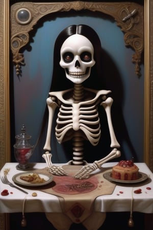 ["there is a painting of a skeleton laying on a table, american mcgee's alice, the mekanik doll, dissection of happy, highly detailed dark art, style of mark ryden, by Trevor Brown, the'other mother'from'coraline ', patchwork doll, ito junji art, tim burton comic book art, macabre art"]