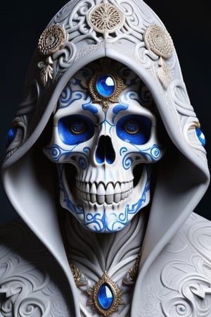 highly detailed 3D digital art piece of a humanoid figure with a skull for a face. The skull is ornately decorated with an elaborate floral and baroque filigree design, featuring intricate patterns and motifs that cover the entire surface. The skull’s eye sockets should be deep and house glowing, realistic blue eyes that convey a sense of wisdom and mystery. The figure wears a hooded cloak that drapes gracefully, with the same filigree design continuing down the garment. The overall color palette is monochromatic with shades of white and soft grey, accentuating the details of the filigree and giving the image an ethereal and otherworldly quality. The background is minimal to keep the focus on the figure, subtly hinting at a cold and serene winter landscape,aw0k euphoric style