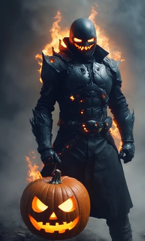 A jack'o lantern wearing iron war glove on two hand that ahave hell flame ignite all the time  with wearing jacket 