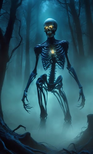 eerie, menacing expression, the figure is made of swirling shadows and ethereal blue light, skeletal appearance, the figure is holding a skull with elongated, claw-like fingers, otherworldly body, no clothing discernible, dense forest background, tall trees, eerie green-blue light, slight fog, spooky and dark atmosphere, mysterious, supernatural creature, dramatic and intense lighting, shadows enhancing the terrifying effect, artistry creating a sense of unease and horror.