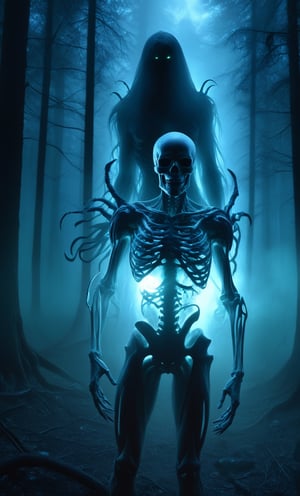 eerie, menacing expression, the figure is made of swirling shadows and ethereal blue light, skeletal appearance, the figure is holding a skull with elongated, claw-like fingers, otherworldly body, no clothing discernible, dense forest background, tall trees, eerie green-blue light, slight fog, spooky and dark atmosphere, mysterious, supernatural creature, dramatic and intense lighting, shadows enhancing the terrifying effect, artistry creating a sense of unease and horror.