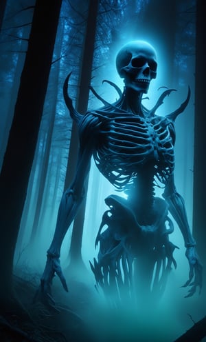 eerie, menacing expression, the figure is made of swirling shadows and ethereal blue light, skeletal appearance, the figure is holding a skull with elongated, claw-like fingers, otherworldly body, no clothing discernible, dense forest background, tall trees, eerie green-blue light, slight fog, spooky and dark atmosphere, mysterious, supernatural creature, dramatic and intense lighting, shadows enhancing the terrifying effect, artistry creating a sense of unease and horror.