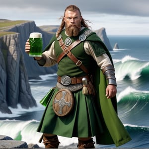 hyperrealistic medieval celtic warrior with kilt and green beer in his hand, greenland background with cliffs, big ocean waves.