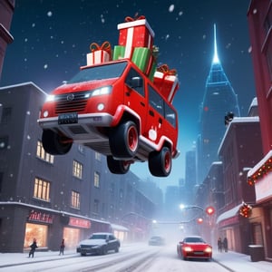 futuristic city, christmas van throwing presents to people, jumping fast in the street , shining, snow, red, punk, futuristic, stele, Wide Shot, night, joy, fun, 