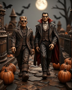 WoodCraft, Frankenstein and Dracula walking towards the camera, crafted from finely carved dark wood with tree lines and tree rings wood texture skin, in a moonlit cemetery surrounded by intricately detailed pumpkins and silhouetted bats. (male Frankenstein has flat-topped gaunt head with bolts protruding from the neck, with visible stitches or scars on his forehead, he is old and wears rugged, oversized clothing: a worn-out jacket, patched-up trousers, and heavy boots) and (male Dracula is young, showing his fangs, featuring a long black or dark cape with a high collar, often lined with red satin, over a black or dark suit. He commonly wears a white shirt with a high collar and may add a vest or cravat for a Victorian touch. His makeup emphasizes his pallor, with a pale face, darkened eyes, and arched eyebrows, highlighting his eerie and aristocratic look. Fangs and sometimes slicked-back hair complete the classic vampire appearance). The cemetery is filled with finely carved gravestones and an ancient wrought-iron fence, casting soft shadows under the full moon. The scene exudes an elegant, high-end feel, with each wooden figure polished to a smooth, deluxe finish. The atmosphere is mysterious and sophisticated, capturing the craftsmanship and artistry of a luxury carpentry company. Cinematic lighting, refined detailing, night setting. They are getting close to the camera.