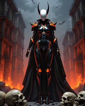 perfect ((anime masterpiece)) manga illustration white bald devil batwoman female faceless mechanical mannequin with horns standing empowered on dozens skulls and broken human skulls, (((with black, orange and  flashing red armor suit))), in apocalyptic futuristic abandoned city, graves and bats, burned avenue inferno, coal, ashes and flames,((dark night, nocturnal atmosphere)), knee cam shot, cowboy shot, wide shot,score_9,score_8_up,score_7_up,score_6_up,score_5_up,score_4_up,source_anime,egghead,ct-horrority