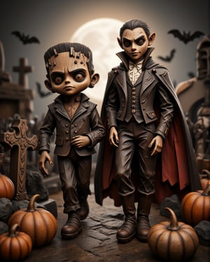 WoodCraft, Frankenstein and Dracula walking towards the camera, crafted from finely carved dark wood with tree lines and tree rings wood texture skin, in a moonlit cemetery surrounded by intricately detailed pumpkins and silhouetted bats. (male Frankenstein has flat-topped gaunt head, bolts protruding from each side of his neck, and visible stitches or scars on his forehead, he is old and wears rugged, oversized clothing: a worn-out jacket, patched-up trousers, and heavy boots) and (male Dracula is young, showing his FANGS, featuring a long black or dark cape with a high collar, often lined with red satin, over a black or dark suit. He commonly wears a white shirt with a high collar and may add a vest or cravat for a Victorian touch. His makeup emphasizes his pallor, with a pale face, darkened eyes, and arched eyebrows, highlighting his eerie and aristocratic look. Fangs and sometimes slicked-back hair complete the classic vampire appearance). The cemetery is filled with finely carved gravestones and an ancient wrought-iron fence, casting soft shadows under the full moon. The scene exudes an elegant, high-end feel, with each wooden figure polished to a smooth, deluxe finish. The atmosphere is mysterious and sophisticated, capturing the craftsmanship and artistry of a luxury carpentry company. Cinematic lighting, refined detailing, night setting. They are getting close to the camera.