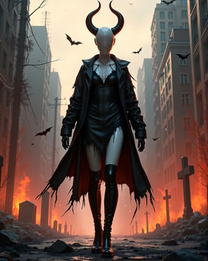 perfect ((anime masterpiece)) manga illustration white bald devil female faceless mannequin with horns standing empowered only wearing a black reefer jacket, tattered, (ripped broken torn dress), high knee boots, in apocalyptic futuristic roman city, graves and bats, burned avenue inferno, coal, ashes and flames, knee cam shot, cowboy shot, wide shot,score_9,score_8_up,score_7_up,score_6_up,score_5_up,score_4_up,source_anime,egghead