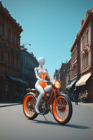 one ultra detailed faceless egghead bioluminiscent  steampunk mannequin riding a Disney's Tron orange glowing steampunk bike, in a retrofuturistic victorian street, 1girl, solo, soft god lighting, perfect body, perfect arms, perfect hands, hairless, full body wide shot, highly detailed, hyper realistic, ,ste4mpunk